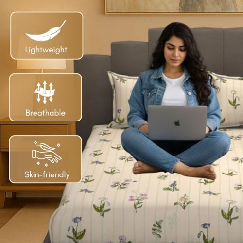 Image of Mafatlal Luxe Lilac 140 GSM Premium Microfiber Queen Size Bedsheet with 2 Pillow Cover for Double Bed Everyday Comfort, 90x100 Inch - Muted Green, Soft, Lightweight & Durable