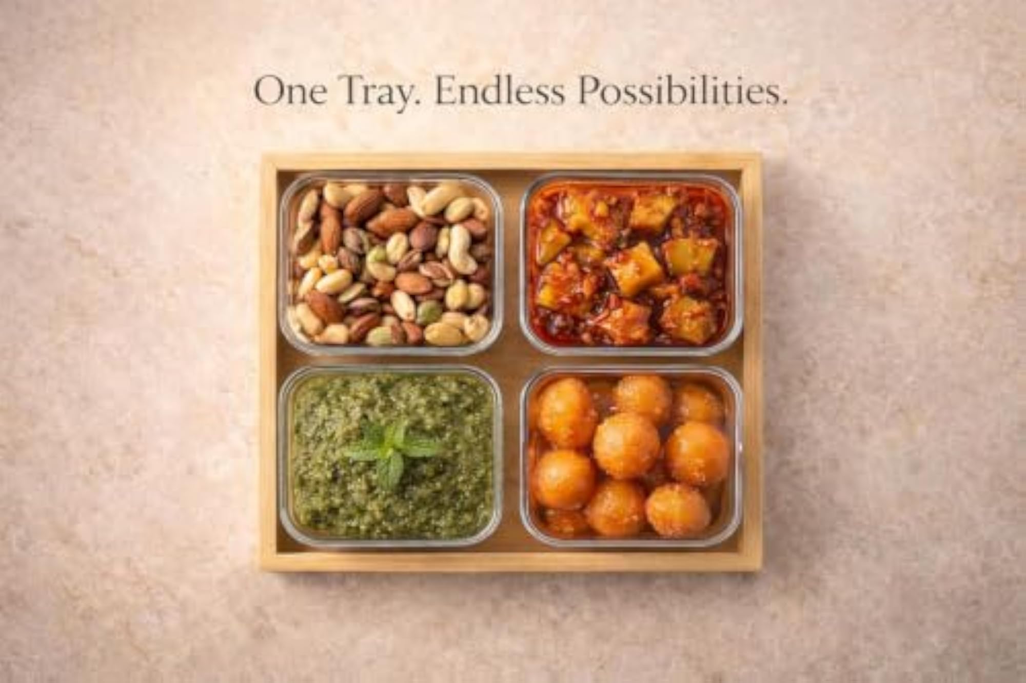 Premium Bamboo Serving Tray with 4 Clear Containers, Snack Platter Set