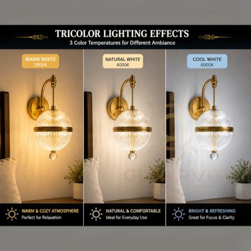 Image of Glowave Modern Ribbed Acrylic Globe with Crystal Accent Wall Light for Bedroom, Living Room, Hallway & Hotel - Tricolour (White, Warm White, Natural White) (K33 /1W)