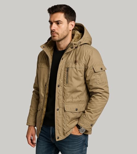 Image of L'MONTE Men's Imported Heavy-Duty Winter Jacket - 100% Cotton Coat with Fleece Lining, Detachable Hood & Multiple Pockets - Windproof, Warm, Stylish for Outdoor & Casual Winter Wear