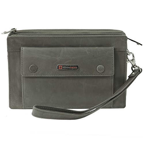 Alpine Swiss Mens Leather Clutch Bag Travel Case Organizer Wallet Gray