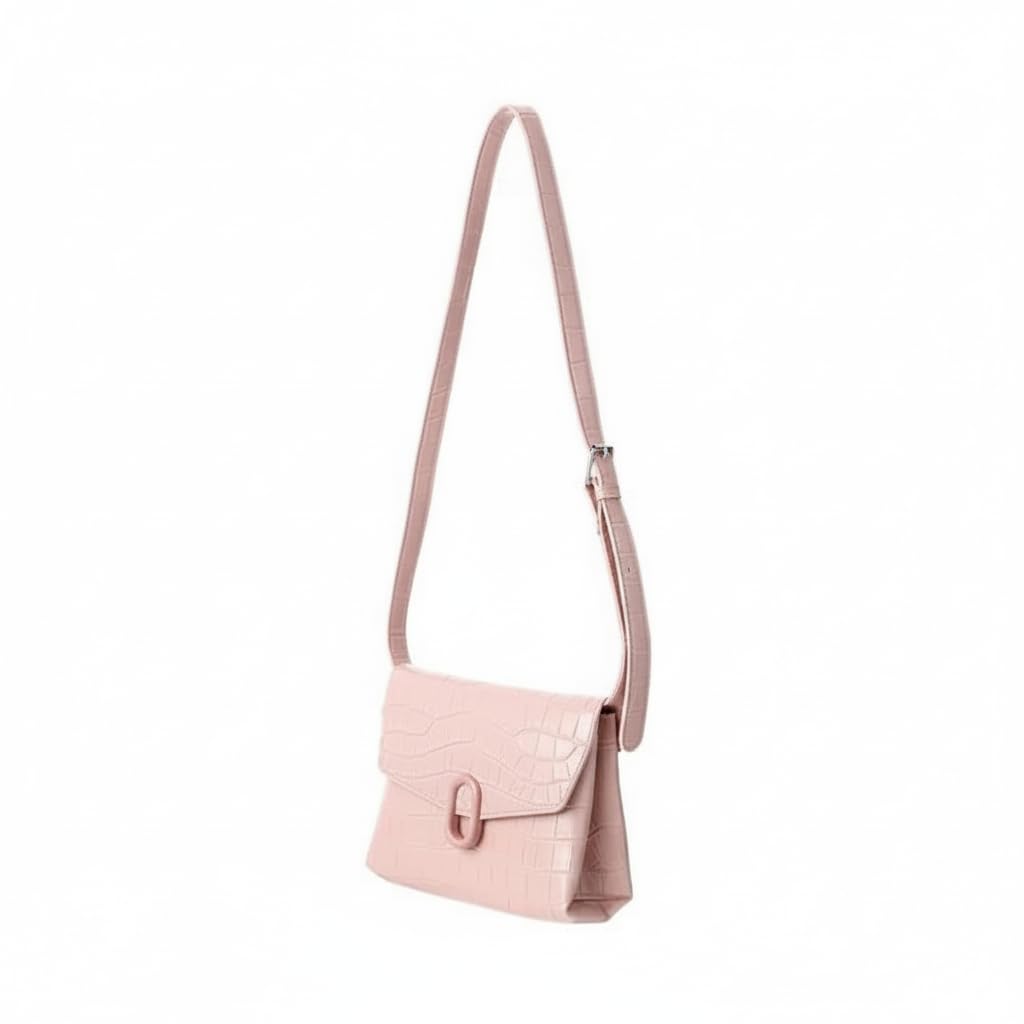 miniso Womens Stone Pattern Crossbody Bag with Flap and O Shaped Decoration (Pink)-picture-21