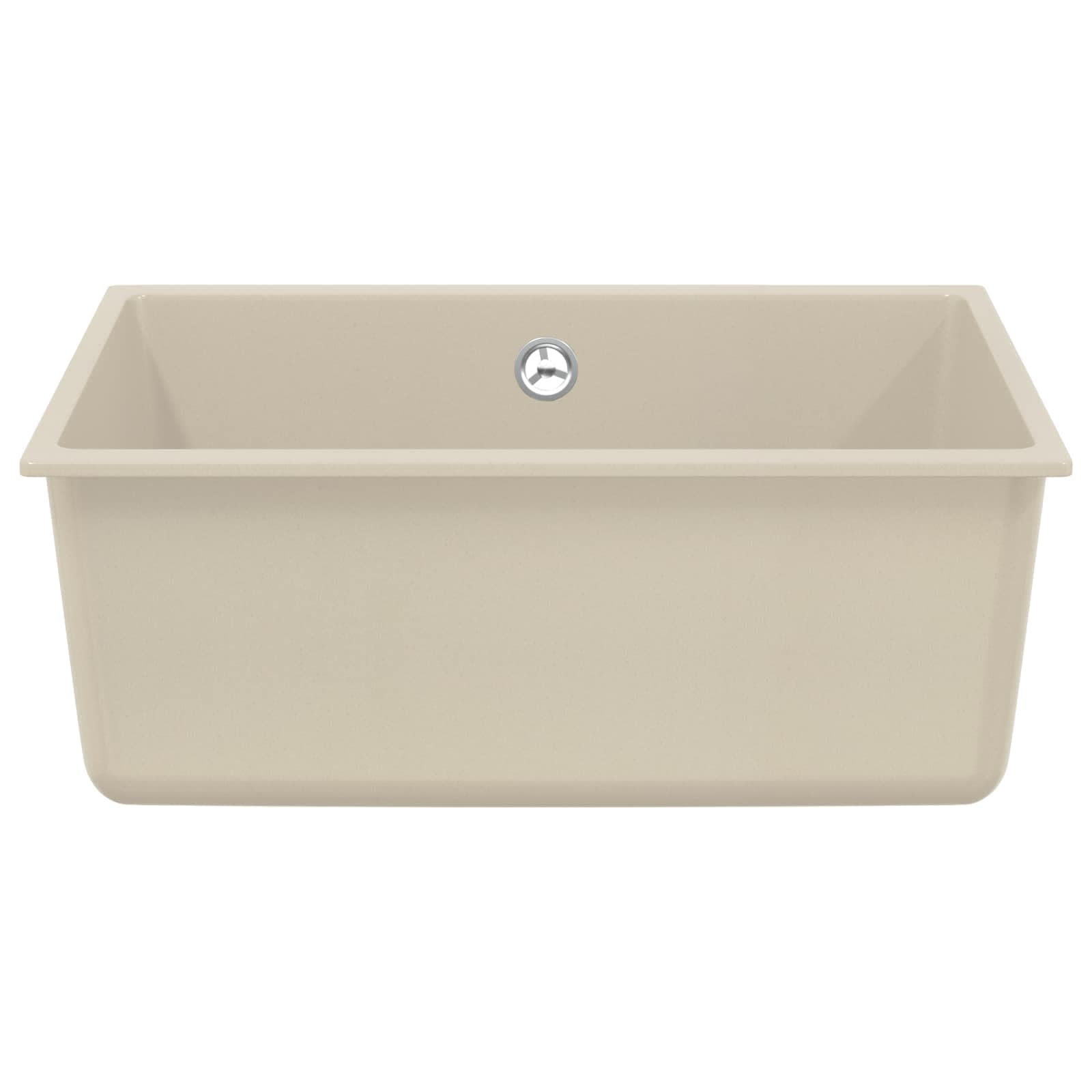 Fregadero de cocina beige de 530 x 460 mm, 80% cuarzo, 20% resina, fregadero empotrable con desagüe, juego de accesorios y rejilla para cestas, fregadero de granito resistente a los arañazos