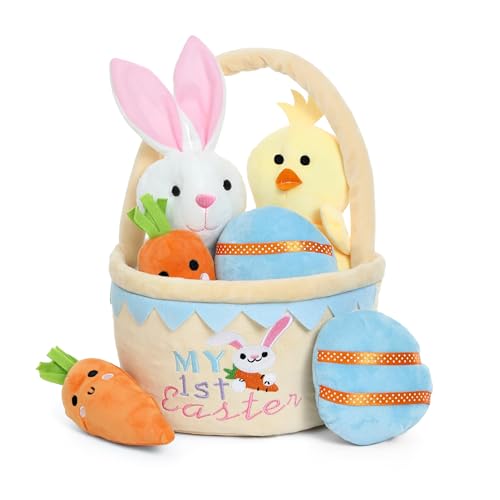 Image of My First Easter Basket Stuffed Plush Playset Baby's First Easter Basket Stuffed Cartoon Bunny Easter Egg Plush Basket for Kids 5pcs (Yellwo)