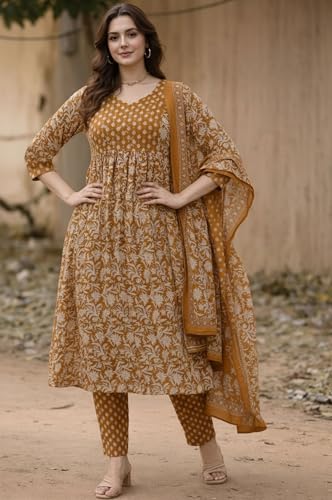 Image of GoSriKi Kurta Set for Women Viscose Blend Printed | Kurti Set with Dupatta for Woman | A-Line Kurta Pant Set Women | 3 Piece Set Womens | Round Neck V-Slit Sleeveless Regular Fit Stylish Ethnic