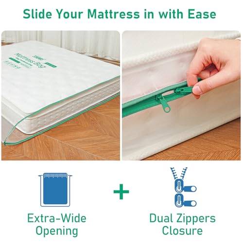 Image of ZCHENBS - King Mattress Bags for Moving, Waterproof Storage Bag with Zipper, Heavy-Duty 5 Mil Ultra-Thick California King Mattress Protector Cover for Moving, Reusable (Transparent /Green, 1 Pack)