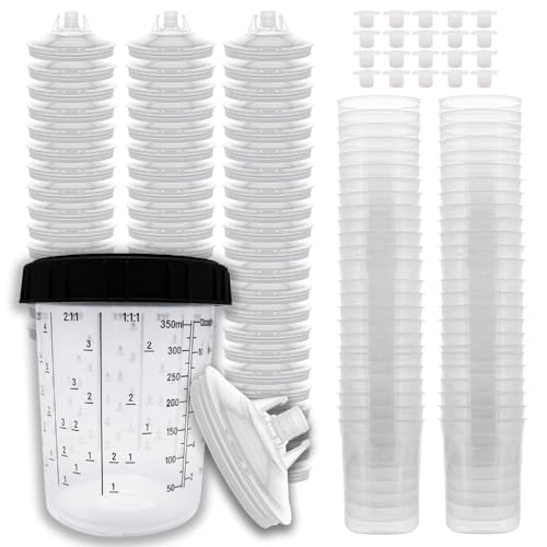 LAUCO 50 Pack Disposable Spray Gun Paint Cups Liners and Lid System Kit - 13.5 Ounce (400ml) Kit - 50 Cup Liners, 50 Lids with 125 Mic Strainer, 1 Hard Cup with Retainer Ring and 20 Plugs