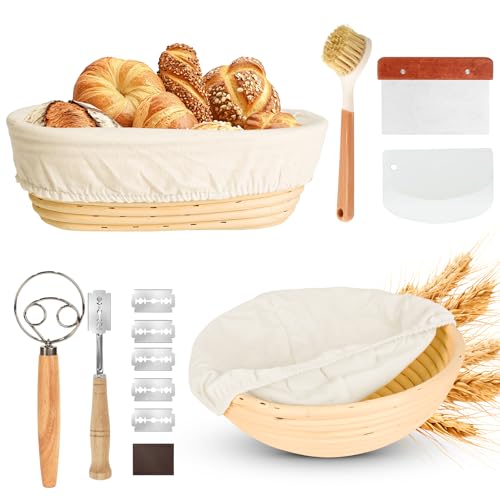 ACOMTUO Gärkörbchen,Brot Gärkorb Set,23cm Rund & 25cm Oval Brotkörbchen,100% Natürlichem Rattan, inkl. Teigschaber, Leineneinsatz, Teigrührer & Brot Lahm | Professionelles Brotbackzubehör