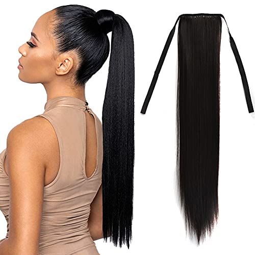 Sylhair Long Straight Ponytail Hair Extension 24 Inch Tie Up Hair Extension Wrap Around Ponytail Hairpiece Synthetic Black Ponytail for Women (1B, Black)