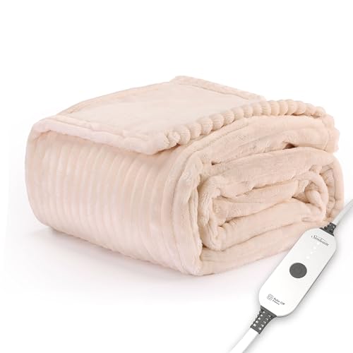 Sunbeam Electric Throw Royal Posh Velvet Heated Blanket 4 Heat Settings 4-Hour Auto Shut-Off Fast Heating Lush Silky and Ultra Comfy Ribbed Champagne Color 50 x 60