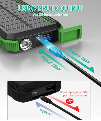 BLAVOR Solar Power Bank, PD18W QC3.0 Fast Charging 10W Wireless Charger 20000mAh Solar Powered Powerbank with Type C Input/Output, IPX5 Waterproof, Camping Flashlight, Compass, Carabiner - Thumbnail 5