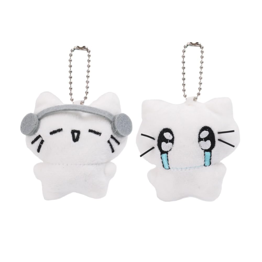 2pcs cute keychain, plush keychain, aesthetic keychain, emotional cat with headphones and crying face design bag charms for backpack, purse, and keys