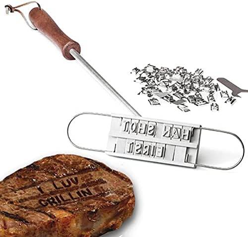 BBQ Branding Iron - Barbecue Grill Branding Iron with 55 Interchangeable Letters, Wooden Handle Barbecue Accessories, Grill Utensils for Branding Steaks, Burgers, Chicken, Meat