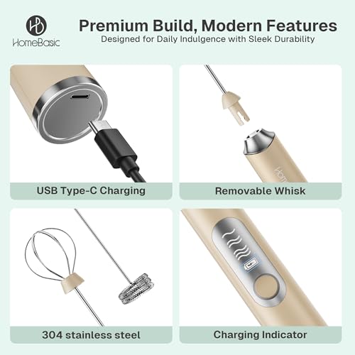 Image of HOMEBASIC Coffee Frother Electric Handheld, 3-Speed Milk Frother Rechargeable with Dual 304 SS Whisks, 8000 RPM Foam Maker for Latte, Cappuccino, Matcha, Eggs | Whisk Wave (Beige)