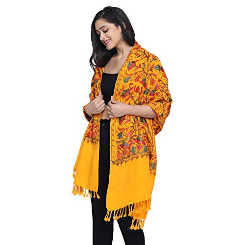 Photo de Zamour Kashmir 6304 Écharpe pour femme avec broderie indienne Fleur, jaune, Large