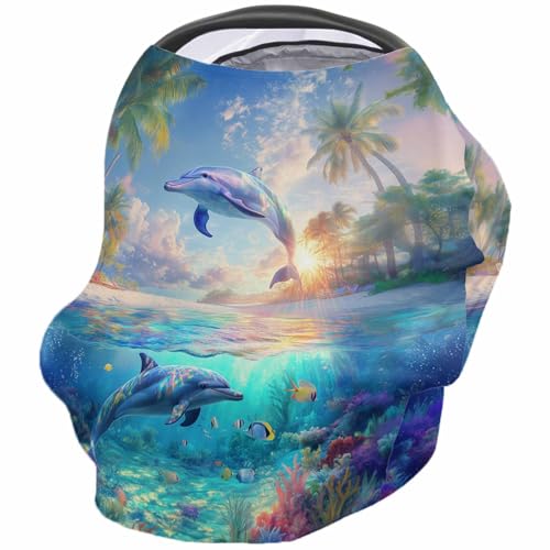 Nursing Cover for Breastfeeding Scarf, Marine Life Tropical Trees Summer Baby Car Covers Super Soft Multi Use for Canopy Shopping Cart Cover Blanket Stroller Cover