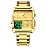 rorios Herren Multifunktional Digital Armbanduhr Mode Quadratische Quarz Uhr Großem Zifferblatt und Elektronischer Analoganzeige Herrenuhren mit Alarm Gold