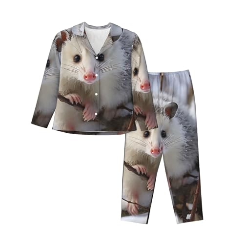RLDOBOFE Opossum In Snow Damen-Pyjama-Set, 2-teilig, langärmelig, Nachtwäsche, modisch, Knopfleiste, weich, Lounge-Set, Schwarz , XXL