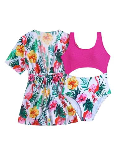 SweatyRocks Girl's Tropical Print Cut Out One Piece Swimsuit with Kimono Cover Up