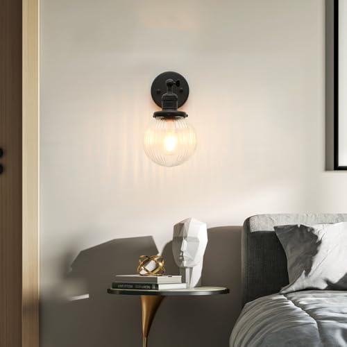 Image of Phansthy 1-Light Wall Sconce, Brass Boho Bathroom Vanity Light, Modern Wall Light with Globe Glass Shade E26 Base, Adjustable Wall Lighting Fixtures for Bedroom, Living Room (Black, Striped Shade)