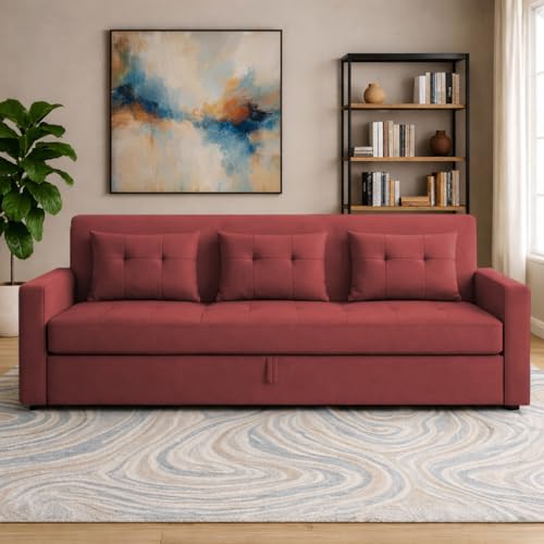 Image of Casaliving Treshta 3 Seater Pull-Out Premium Fabric Sofa Cum Bed Sofa Set for Living Room (Maroon Fabric Color) Premium Fabric Sofa Set for Living Room Sofa Cum Bed