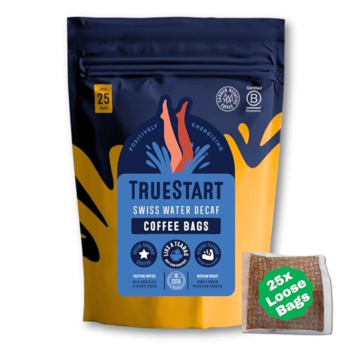TrueStart Coffee Bags, Swiss Water Decaf – 25 Loose Bags, Mycotoxin-Free Coffee Rich in Antioxidants, Quick Brew, Individually Wrapped & Gluten Free, Resealable Pouch