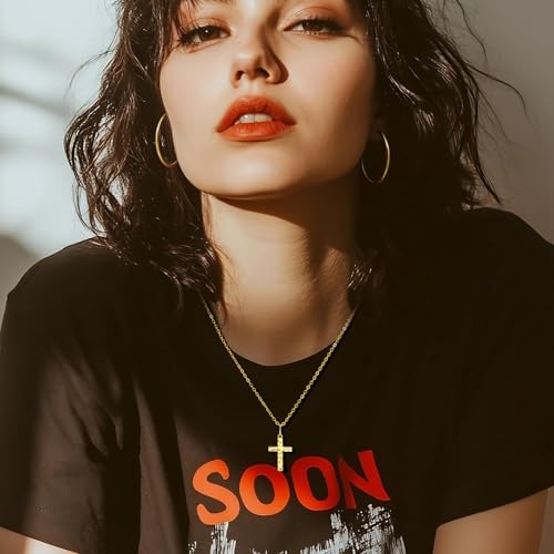 Cross Necklace for Women 14K Gold Cross Necklaces for Women Gold Crosses Chain Necklaces for Womens Retro Look with Wave Point Engraving Womens Crosses Pendant Necklace for Womens 22mm4