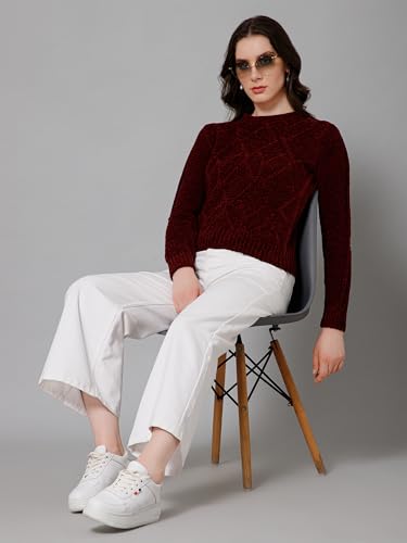 Image of Cantabil Self Design Maroon Round Neck Full Sleeves Regular Fit Women Casual Sweater | Casual Winter Sweater for Women | Ladies Sweater for Winter Wear (P LSWT00071 Maroon)
