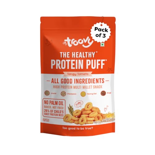 Image of Troovy Healthy High Protein Puffs | Tangy Tomato Flavour | No Palm Oil, Cholesterol or Trans Fats, No Junk & Chemicals | Made with Multiple Millets, Grains and Dal (80g (Pack of 3))