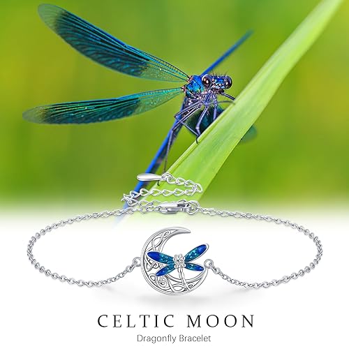 Image of Dragonfly Bracelet 925 Sterling Silver Butterfly Bracelet Adjustable Celtic Moon Bracelet Irish Celtic Jewelry Gifts for Women