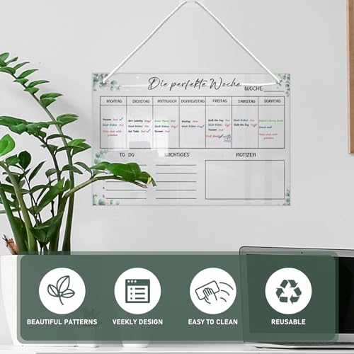 YSOOUA Wochenplaner Abwischbar Wochenplaner aus Acrylglas für Haushaltsplan 30 x 20CM Memoboard mit 6 Whiteboard-Stift Haushaltsplan zum Aufhängen To Do Liste für den Haushalt(A)