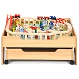 OLAKIDS Train Table, 100 Pieces Kids Wooden Activity Table Playset with Storage Drawer Multicolor Railway Tracks Cars City, Creative Toy Set Gift for Toddlers Boys Girls