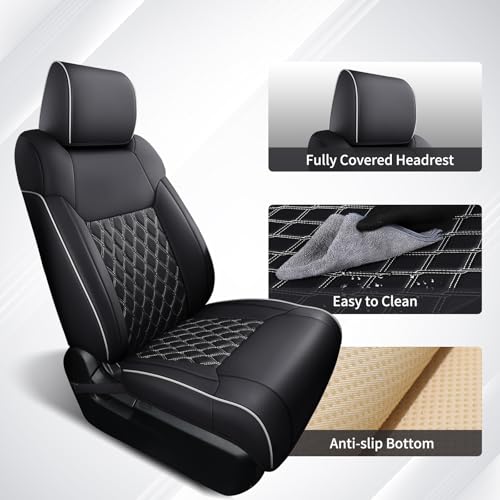 Image of Huidasource Tacoma Front&Back Seat Covers Full Set, Automotive Leather Car Seat Cushion Cover Fit for 2005-2015 Double&Crew Cab 2nd Gen Toyota Tacoma Base SR5 Limited TRD Sport(Full Set /Black&White)