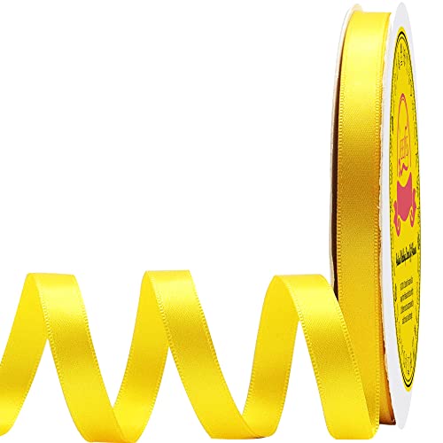 Image of Double Face Yellow Satin Ribbon 3 /8 inch X 50 Yards Polyester Yellow Ribbon for Gift Wrapping Very Suitable for Weddings Party Hair Bow Invitation Decorations and More