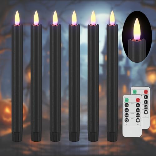 Image of SHENSY Black Flameless Taper Candles with Remote & Timer - 6 Pack 9.64 inch Battery Operated Real Wax LED Candlesticks, Flickering Halloween Candle Lights for Fireplace, Party, Indoor Decor