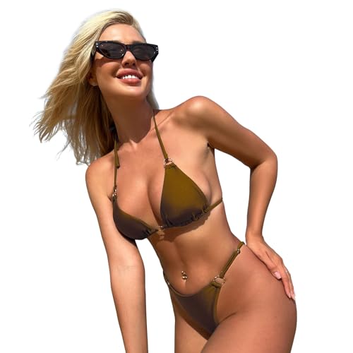 Image of MIKETAI Sexy Bikinis for Women 2 Piece Bikini Spaghetti Strap Swimsuits Solid Color Bathing Swimwear Triangle Bathing Suit