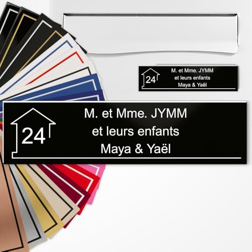 Placa de buzón personalizada, 10 x 2,5 cm, adhesivo de PVC, grabado láser, 22 colores, con o sin patrón (negro mate texto blanco)