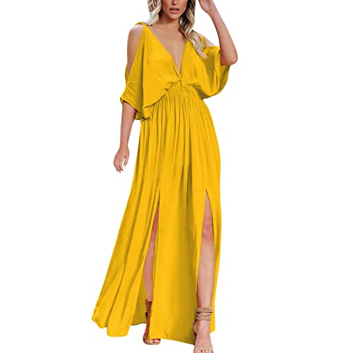 Generisch Vestido largo de mujer con cuello en V y hombros fríos, elegante, largo de verano, con abertura lateral, manga corta, cintura alta, amarillo, S