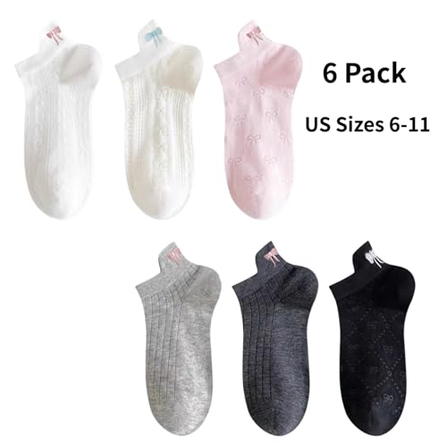Kawaii Short Socks Breathable Mesh - Embroidered Bow,Sweet Ballet Style,6-Pack for Daily & Travel(US Sizes 6-11)2