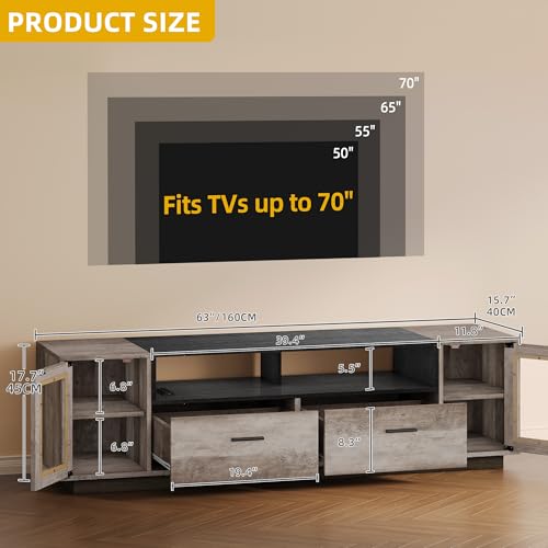 DWVO Modern TV Stands for Living Room with Power Outlets, Farmhouse TV Stand for 65+ inch TV, LED Entertainment Center with Storage Cabinet, TV Console Cabinet, Gaming Media Stand, Rustic Grey