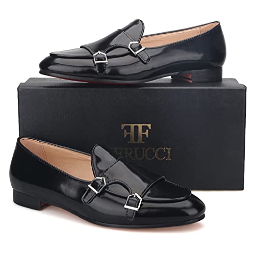 FERUCCI Black Leather Double Monk Loafer Slippers Flat Prom Wedding3