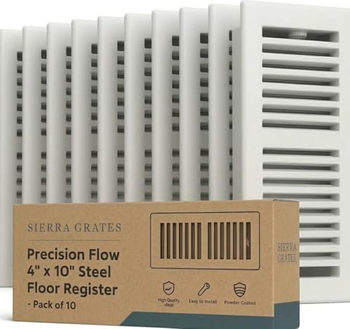 Image of 4 inch x 10 inch White Floor Register 2 Way - Stamped Face Steel Vent Cover, HVAC Floor Grille for AC Heat, Fits 4x10 Duct Opening, Heavy Duty Metal Register, 10 Pack