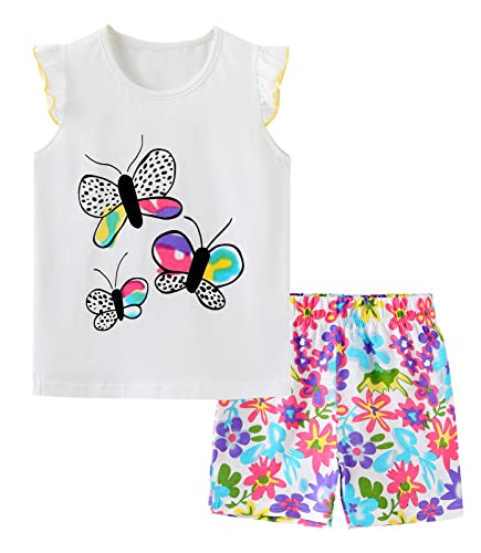 Image of HILEELANG Girl Short Sets Summer Short Sleeve White Buffterfly Floral Shorts Cotton Casual Playwear Outfits Clothing Sets Size 7