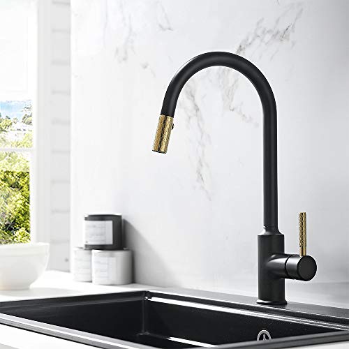 Mitigeur de cuisine noir et or brossé avec douchette design - 4