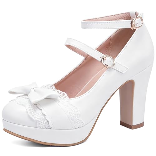 MEOTINA Mary Janes Shoes for Women Cute Bow Platform Heels Lace Closed...