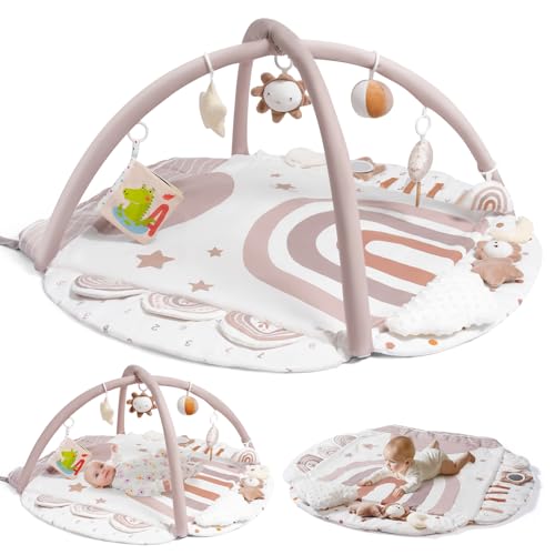 Baby Gym Play Mat, Tummy Time Mat & Pillow, Stage-Based 4 Zone Sensory & Motor Skills Development, Activity Mat with Learning Cards, Washable & Non-Slip, Play Mat for Baby to Toddler, Pink Rainbow