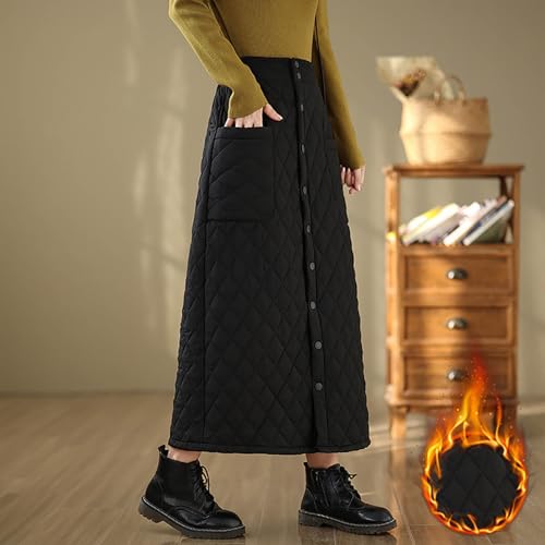 Womens Winter Skirts Elastic Waist Padded A-Line Quilted Midi Long Puffer Insulated Warm Solid Skirt with Pockets3