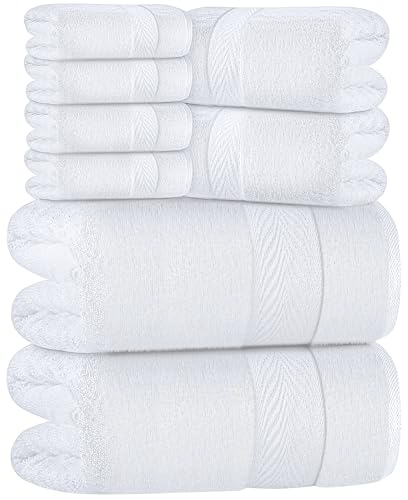 Oakias Premium Towel Set 600 GSM 8 Piece White - 100% Ring Spun Cotton Highly Absorbent Towels Set - Super Soft Bathroom Towel Set - Hotel Quality Double Stitched Hem - Ideal for Hotels, Spa, Gyms