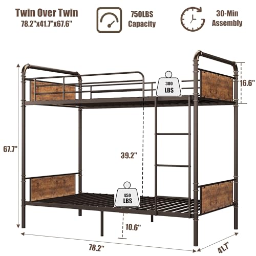 GarveeHome Metal Bunk Bed Twin Over Twin for Kids, Heavy Duty Twin Size Convertible Bunk Bed with Guardrail & Ladders, Noise Free, No Box Spring Needed, Vintage Brown