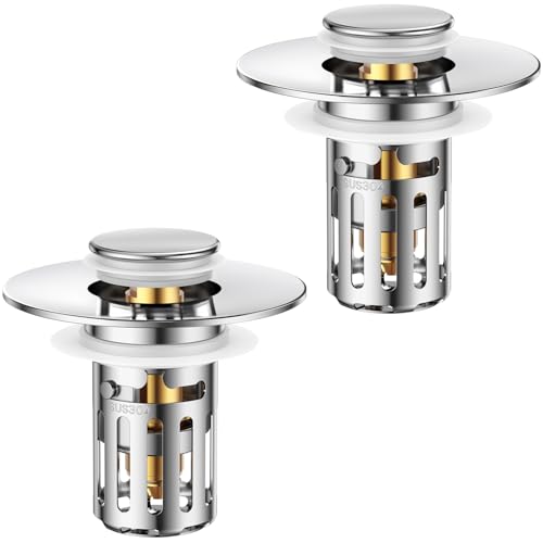 2PC Solid Metal Bathroom Sink Stopper-Brass Core & Stainless Steel Construction-Dual Function Bathroom Sink Drain Strainer-Universal Fit 99% Bathroom Drain-(1.1'' to 2.36'' inch)